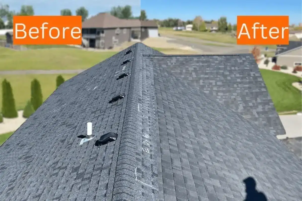 Before and after view along a roof ridge after replacement