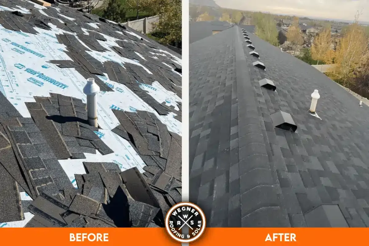 Before and after: a worn, torn-off shingle roof next to the finished new roof